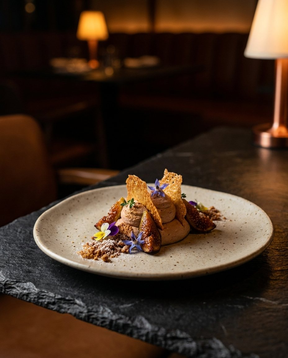 An elegant plated desert-inspired dish under moody light