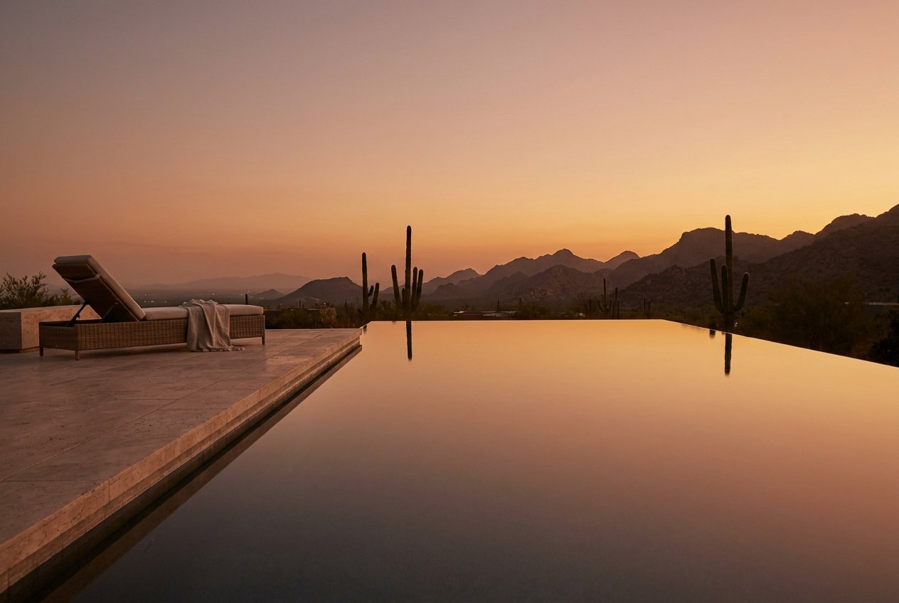 An infinity pool at dusk overlooking the desert