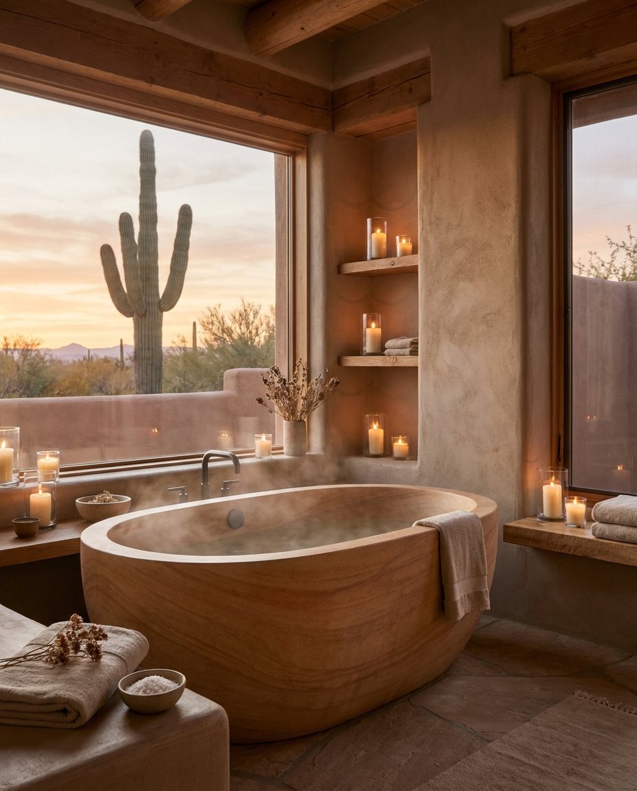 A tranquil desert spa with a stone soaking tub and candlelight