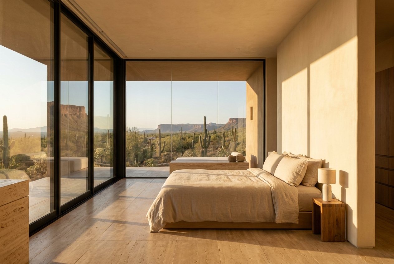 A minimalist desert suite at golden hour with floor-to-ceiling glass